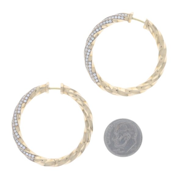 David Yurman 1.5in Cable Edge Diamond Hoop Earrings Yellow Gold 18k Rd 1.84ctw - Picture 3 of 6